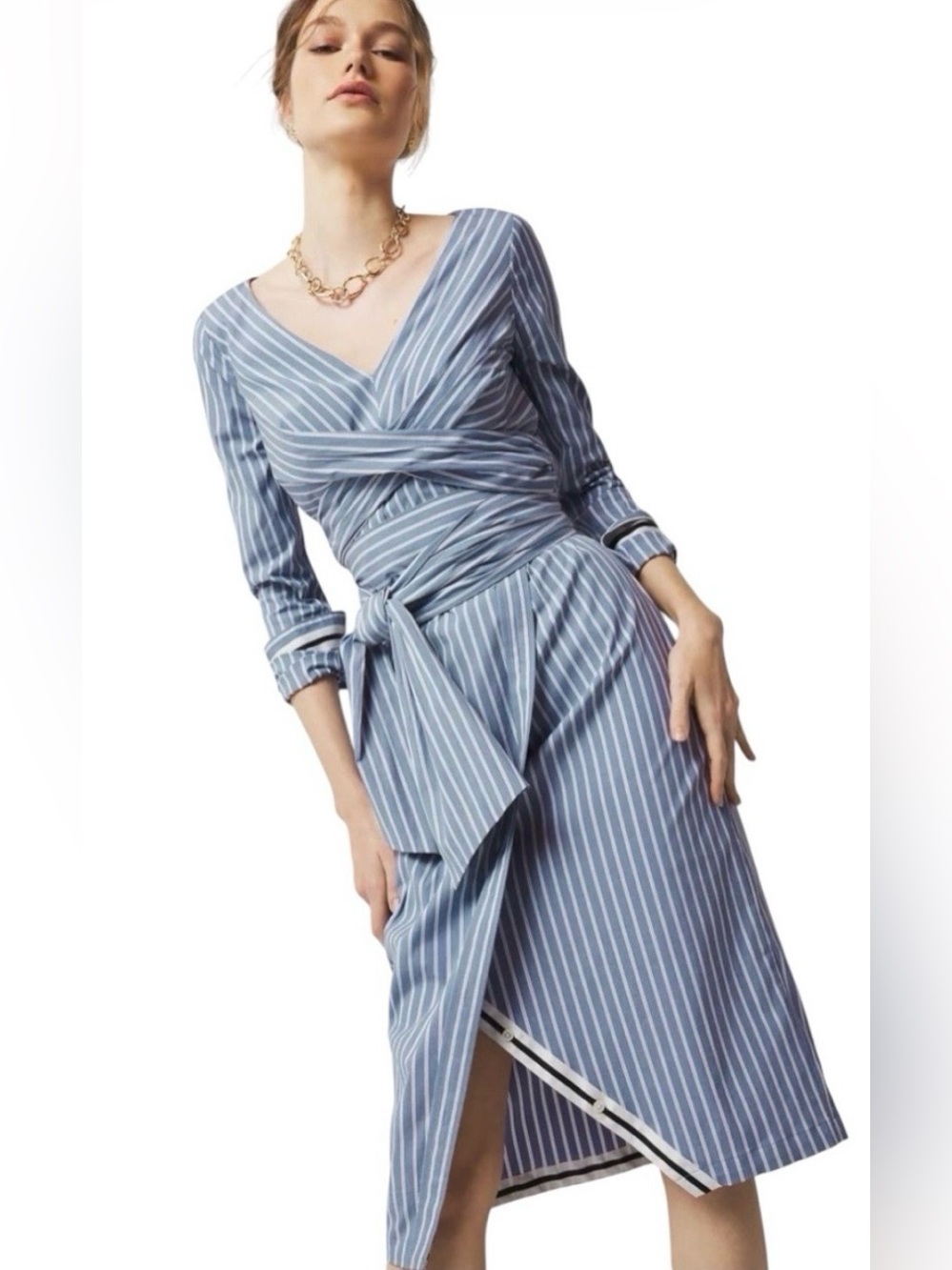 White House Black Market poplin twist Striped Wrap Midi Dress in Blue size 6